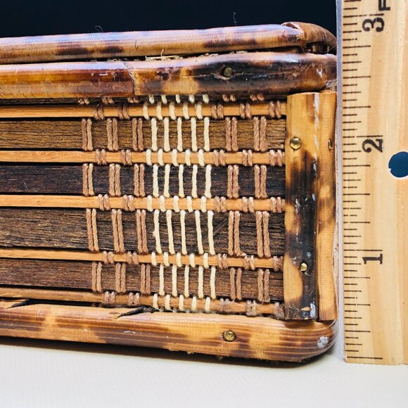 60s Burnt Tortoiseshell Bamboo Tissue Box Cover Midcentury Tiki Boho Bathroom - Picture 9 of 10